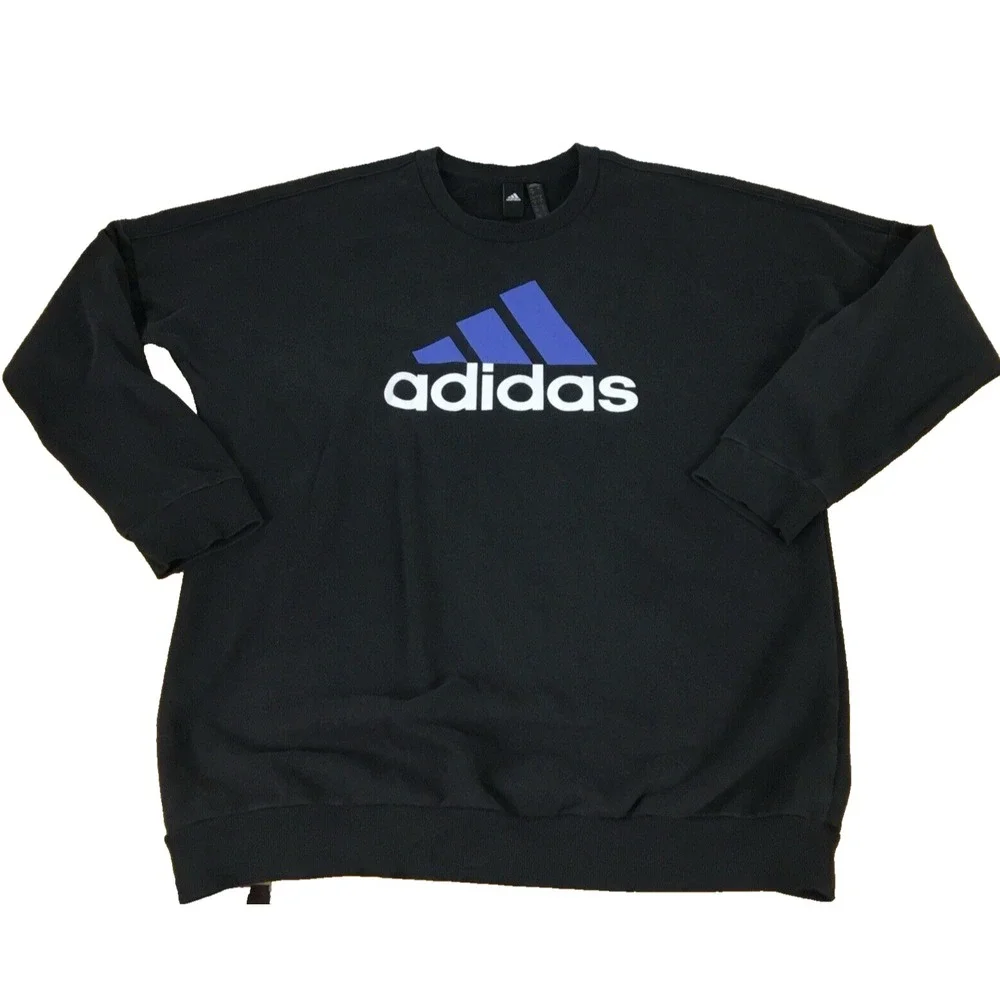 Adidas Mens Crewneck Sweatshirt Black Blue Logo Pullover Large FS2NJ5K - Picture 1 of 8